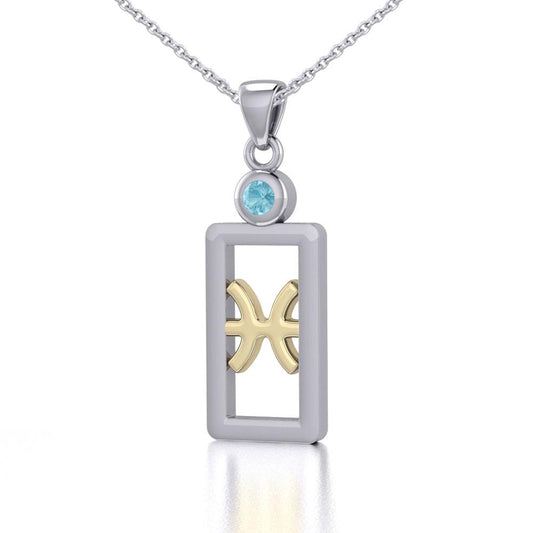 Pisces Zodiac Sign Silver and Gold Pendant with Aquamarine and Chain Jewelry Set MSE783 - Peter Stone Wholesale
