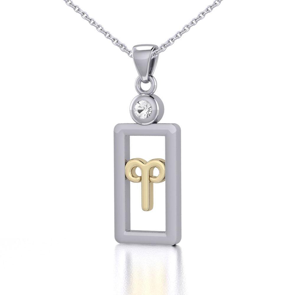 Aries Zodiac Sign Silver and Gold Pendant with White Stone and Chain Jewelry Set MSE784 - Peter Stone Wholesale