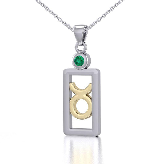 Taurus Zodiac Sign Silver and Gold Pendant with Emerald and Chain Jewelry Set MSE785 - Peter Stone Wholesale