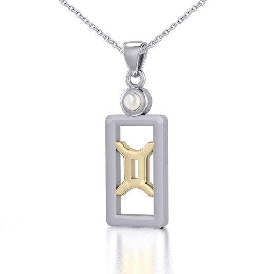 Gemini Zodiac Sign Silver and Gold Pendant with Mother of Pearl and Chain Jewelry Set MSE786 - Peter Stone Wholesale