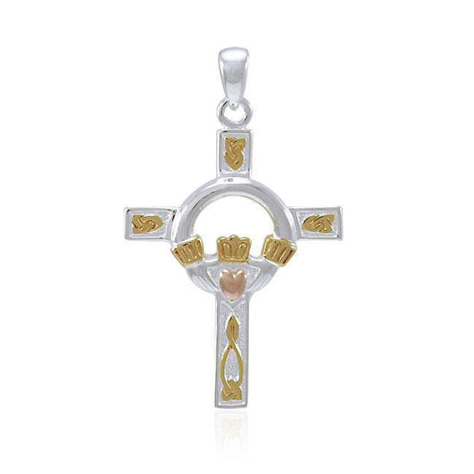 Claddagh on Celtic Knotwork Cross Three Tone Pendant OTP832 Pendant
