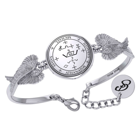 Archangel Michael Sigil and Angel Wings Silver Cuff Bracelet TBA287