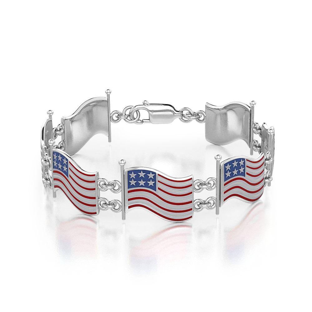 Silver American Flag with Enamel Link Bracelet TBG399 - Peter Stone Wholesale