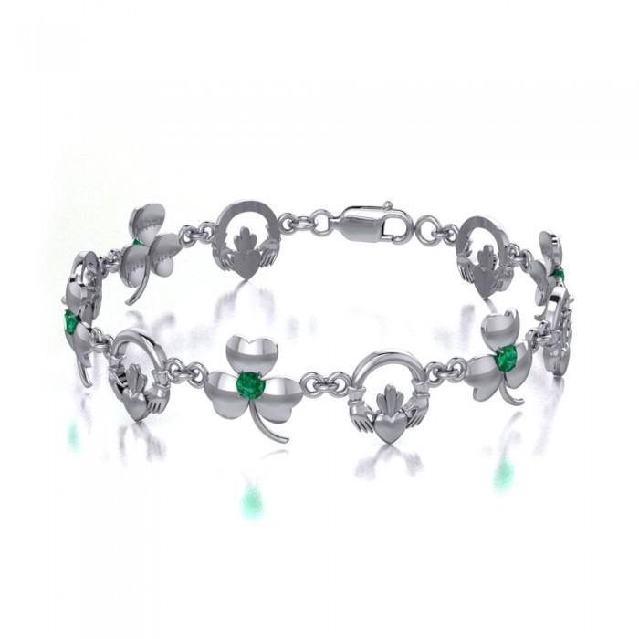 Irish Claddagh & Shamrock Silver Bracelet with Emerald Glass TBG736