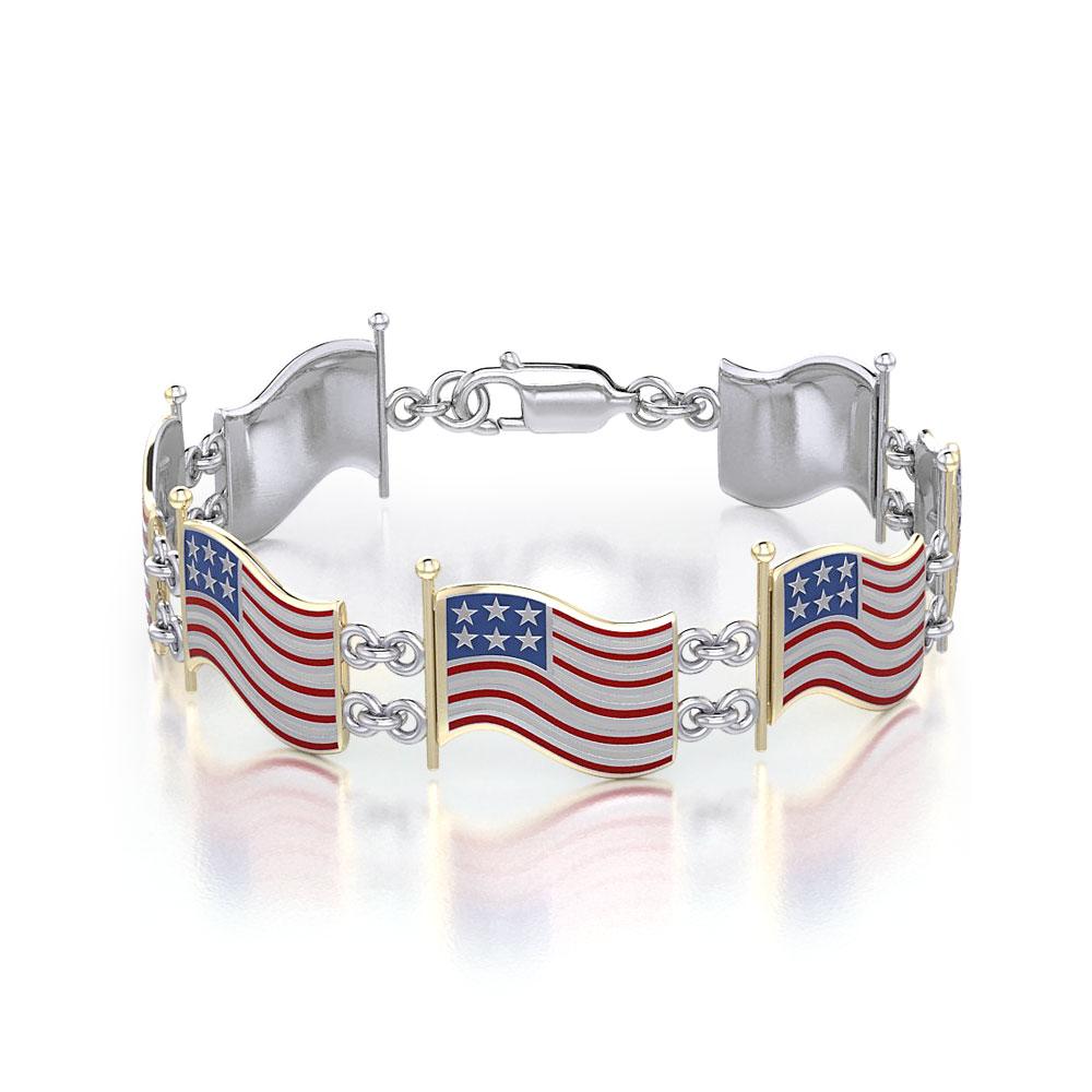 Silver and Gold American Flag with Enamel Link Bracelet TBGV399 - Peter Stone Wholesale