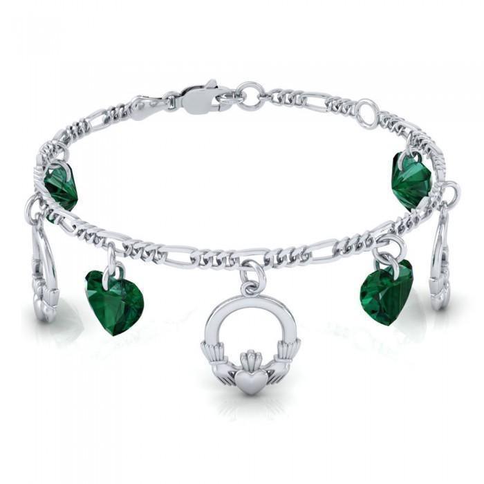 Irish Claddagh with Emerald Glass Hearts Silver Bracelet TBL038