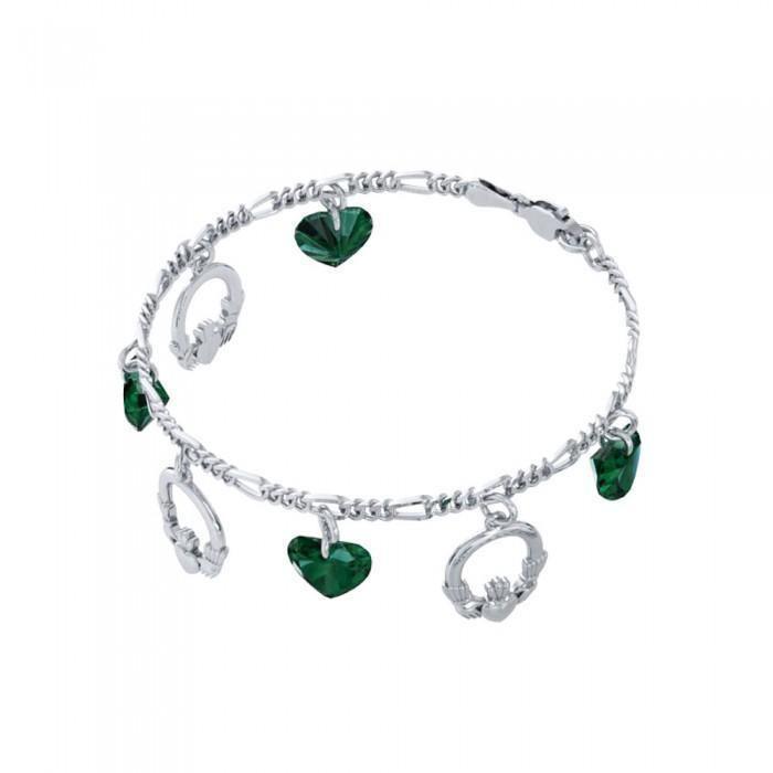 Irish Claddagh with Emerald Glass Hearts Silver Bracelet TBL038