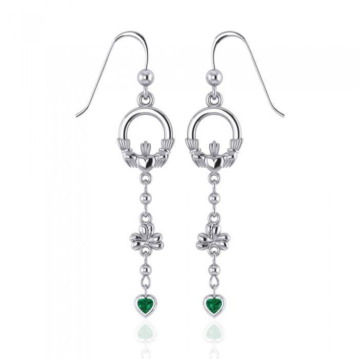 Celtic Claddagh Shamrock Emerald Glass Hearts Silver Earrings TER153