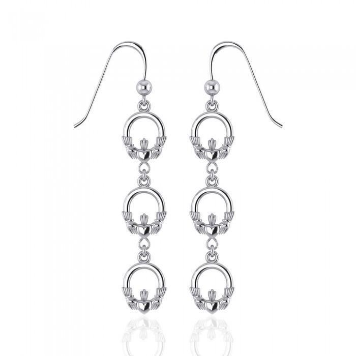 Celtic Triple Claddagh Silver Dangle Earrings TER156
