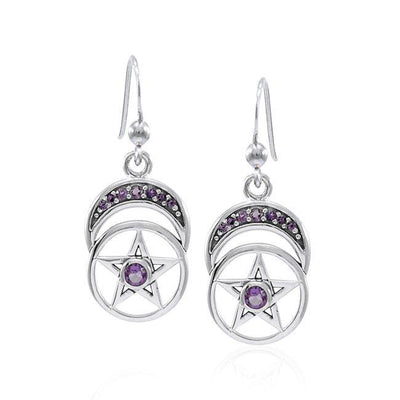Gemstone Moon and Pentacle Silver Earrings TER1575 Earrings