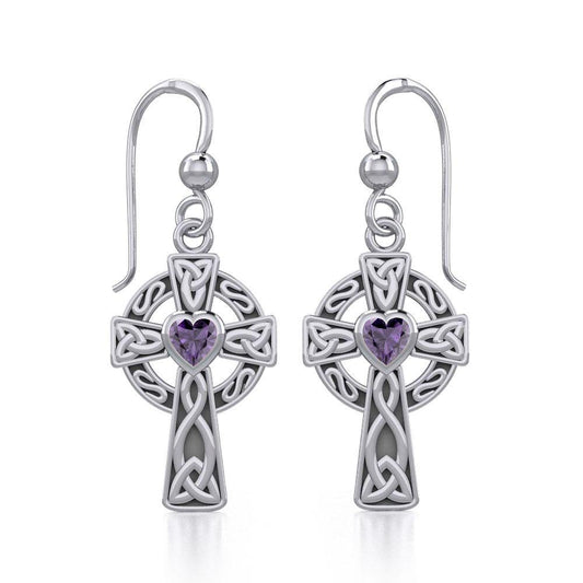 Celtic Cross Silver Earrings with Heart Gemstone TER1833 Earrings