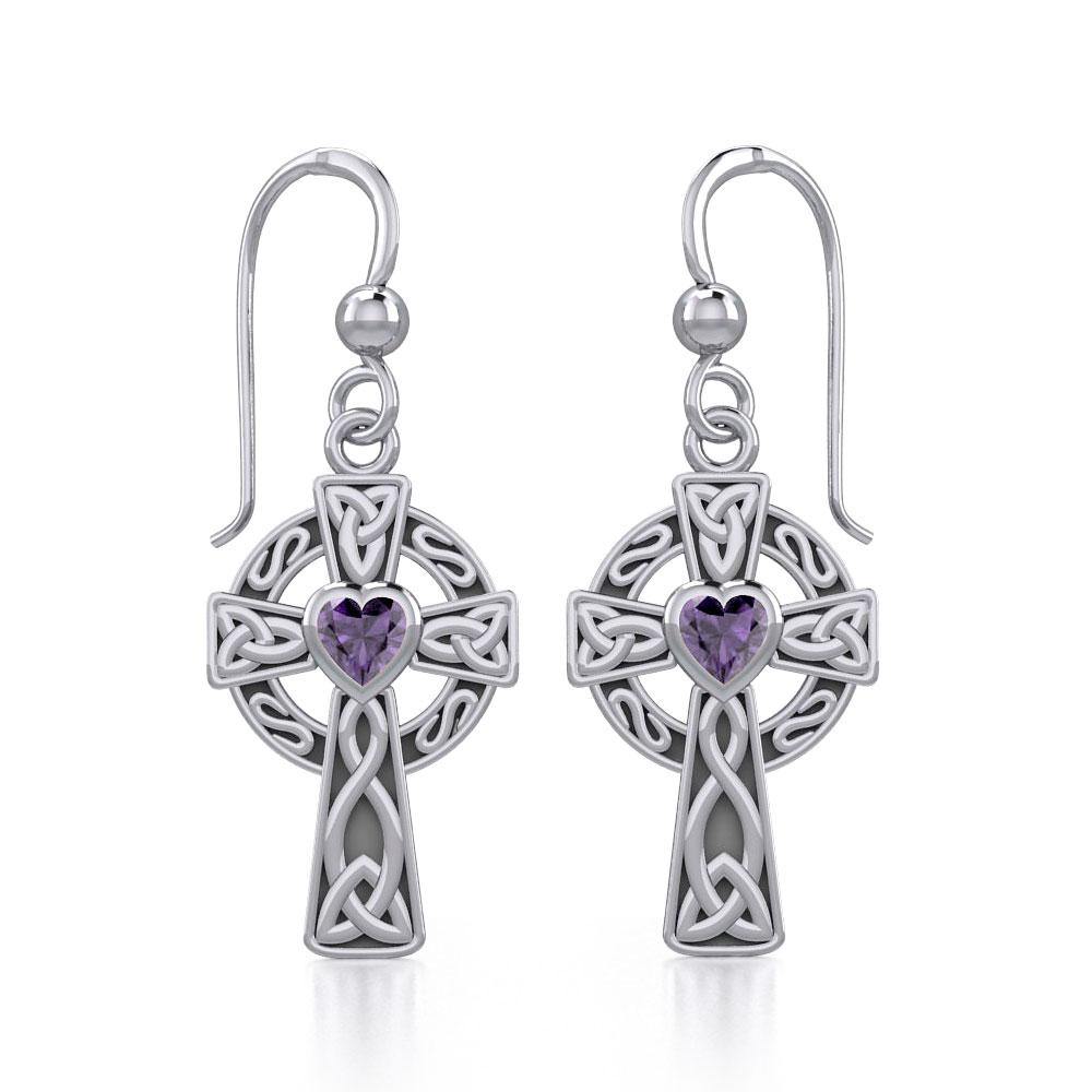 Celtic Cross Silver Earrings with Heart Gemstone TER1833 Earrings