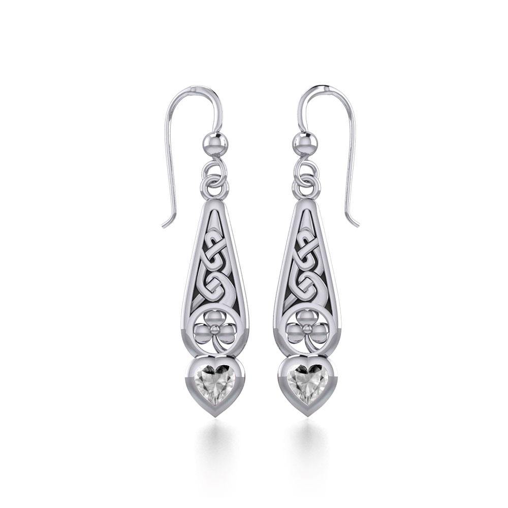 Celtic Knotwork Silver Shamrock Earrings with Heart Gemstone TER1834 Earrings