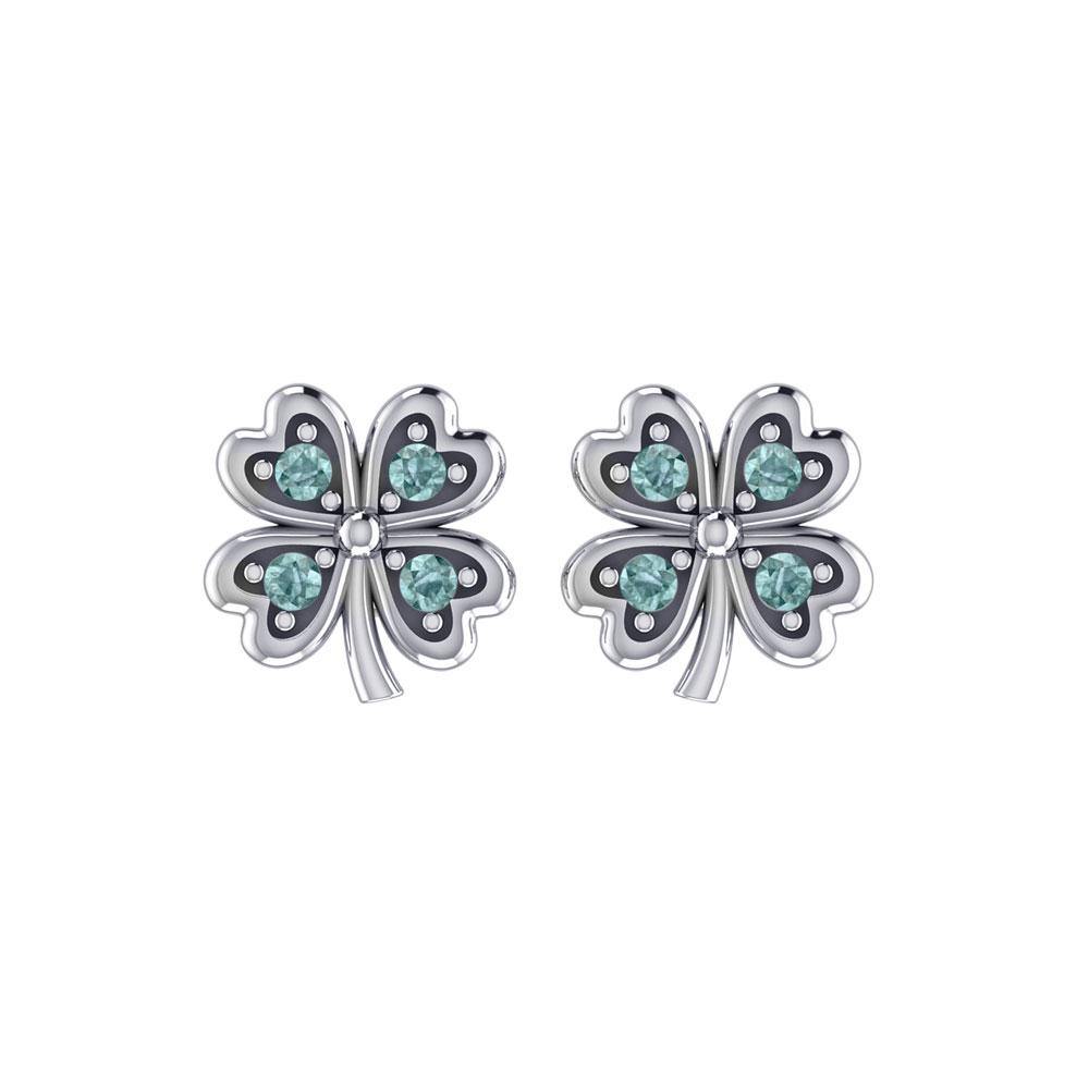 Lucky Four Leaf Clover Silver Post Earrings with Gemstone TER1844 Earrings