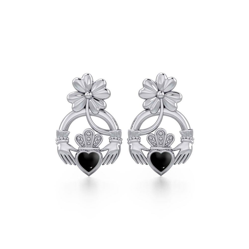 Lucky Four Leaf Clover on Claddagh Silver Post Earrings with stone TER1849 Earrings