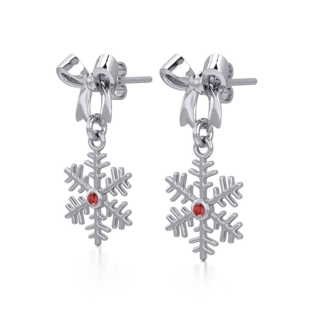 Ribbon with Dangling Gemstone Snowflake Silver Post Earrings TER1855 Earrings
