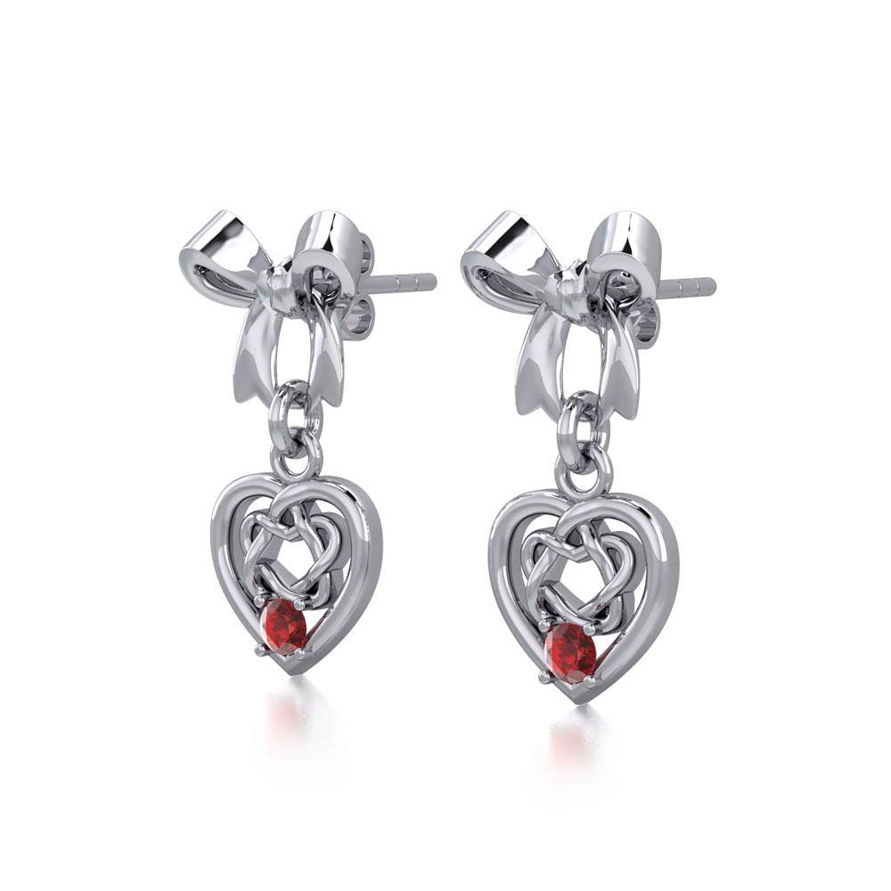 Ribbon with Dangling Gemstone Celtic Heart Silver Post Earrings TER1857 Earrings
