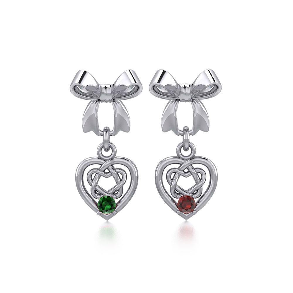 Ribbon with Dangling Gemstone Celtic Heart Silver Post Earrings TER1857 Earrings