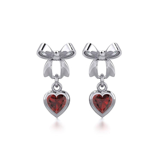 Ribbon with Dangling Gemstone Heart Silver Post Earrings TER1858 Earrings