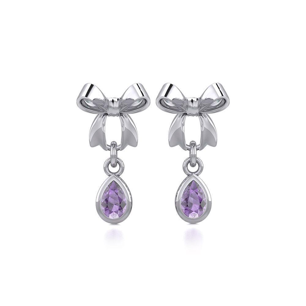 Ribbon with Dangling Teardrop Gemstone Silver Post Earrings TER1859 Earrings