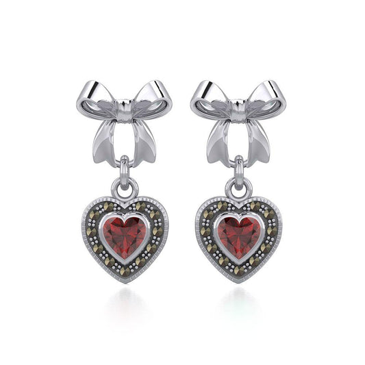 Ribbon with Dangling Marcasite Heart Gemstone Silver Post Earrings TER1860 Earrings