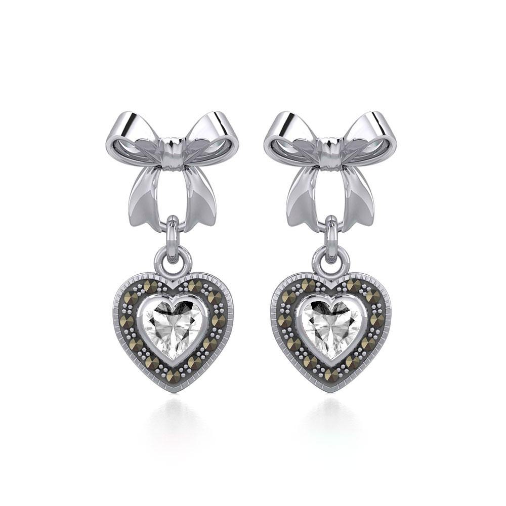 Ribbon with Dangling Marcasite Heart Gemstone Silver Post Earrings TER1860 Earrings