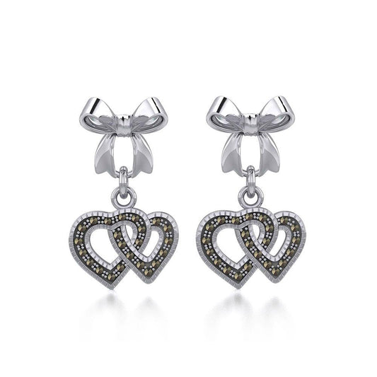 Ribbon with Dangling Marcasite Double Heart Silver Post Earrings TER1862 Earrings