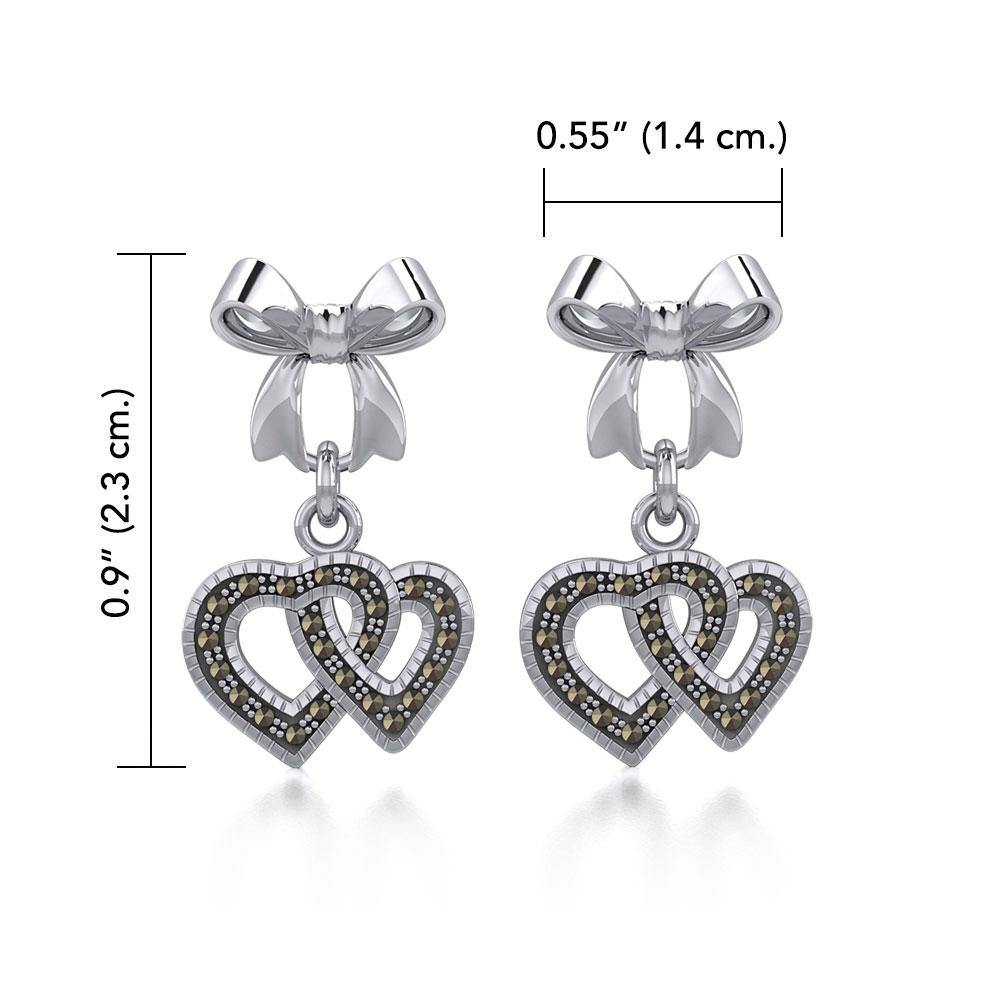 Ribbon with Dangling Marcasite Double Heart Silver Post Earrings TER1862 Earrings