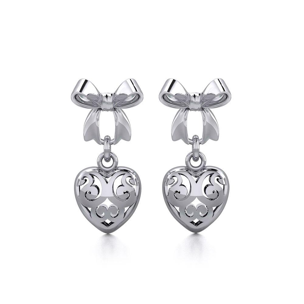 Ribbon with Dangling Filigree Heart Silver Post Earrings TER1863 Earrings