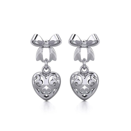 Ribbon with Dangling Filigree Heart Silver Post Earrings TER1863 Earrings