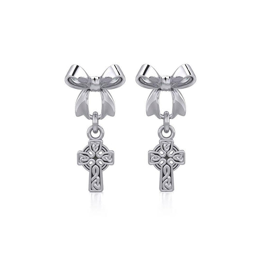 Ribbon with Dangling Celtic Cross Silver Post Earrings TER1864 Earrings