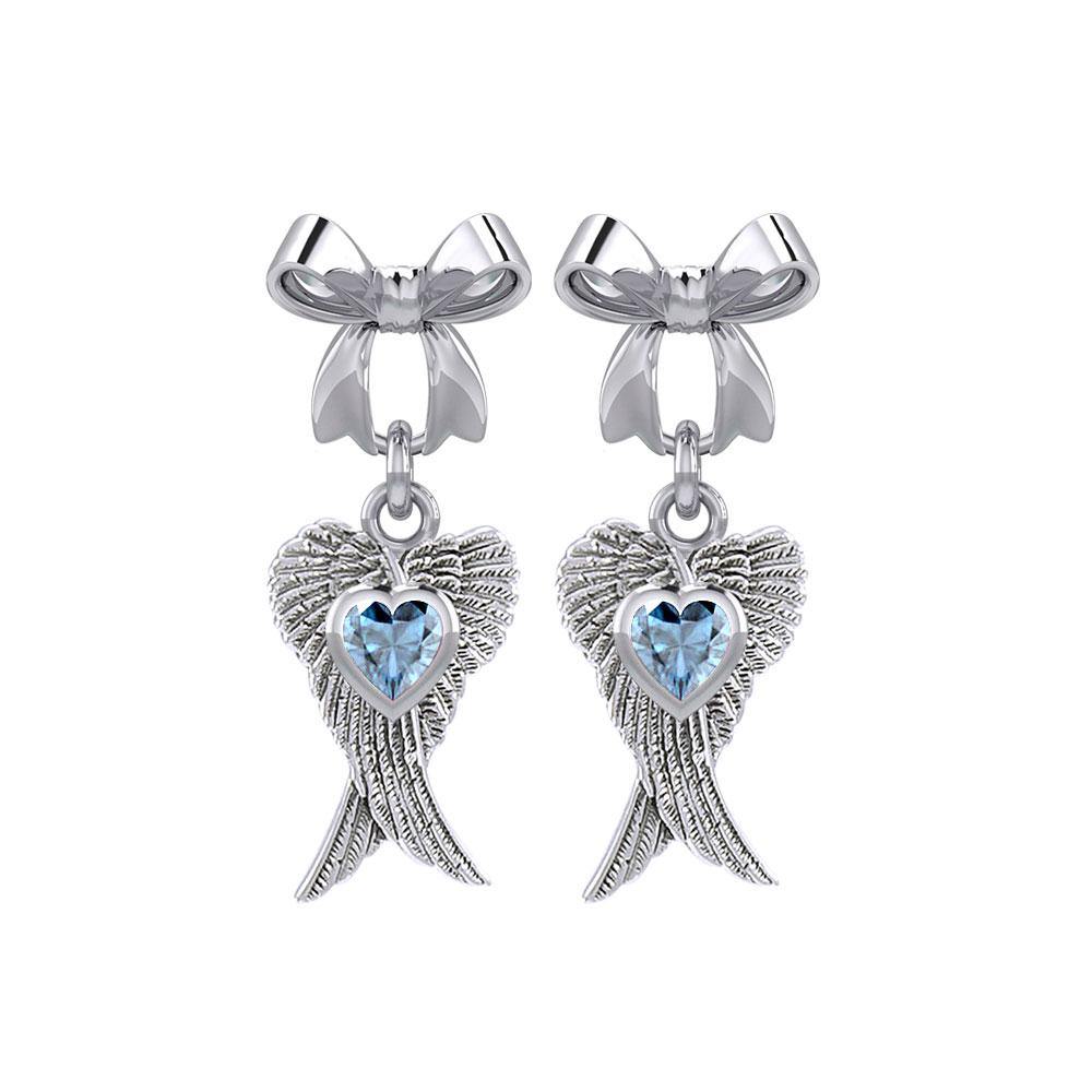 Ribbon with Dangling Double Angel Gemstone Wings Silver Post Earrings TER1866 Post Earrings