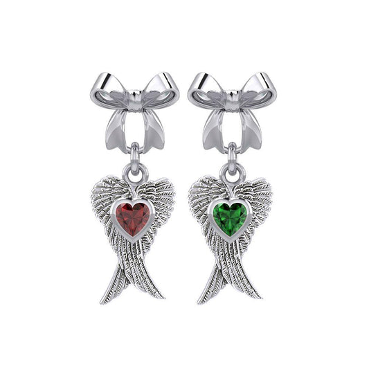 Ribbon with Dangling Double Angel Gemstone Wings Silver Post Earrings TER1866 Post Earrings