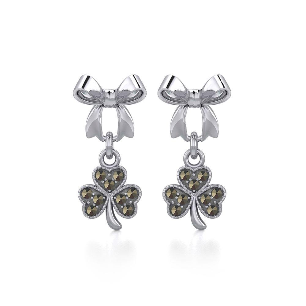 Ribbon with Dangling Marcasite Lucky Four Leaf Clover Silver Post Earrings TER1867 Post Earrings