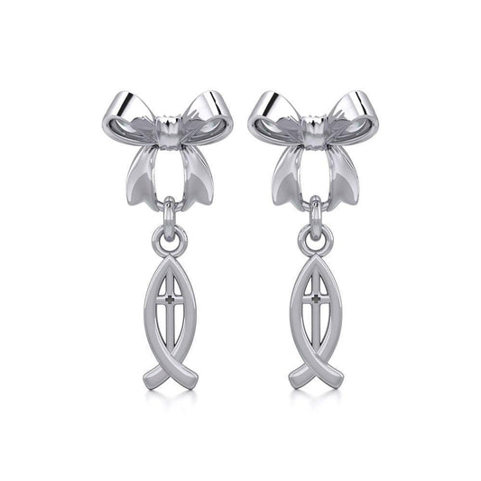 Ribbon with Dangling Christian Fish Silver Post Earrings TER1869 Earrings