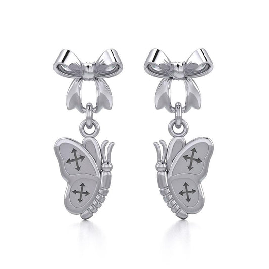 Ribbon with Dangling Butterfly Silver Post Earrings TER1870 Earrings