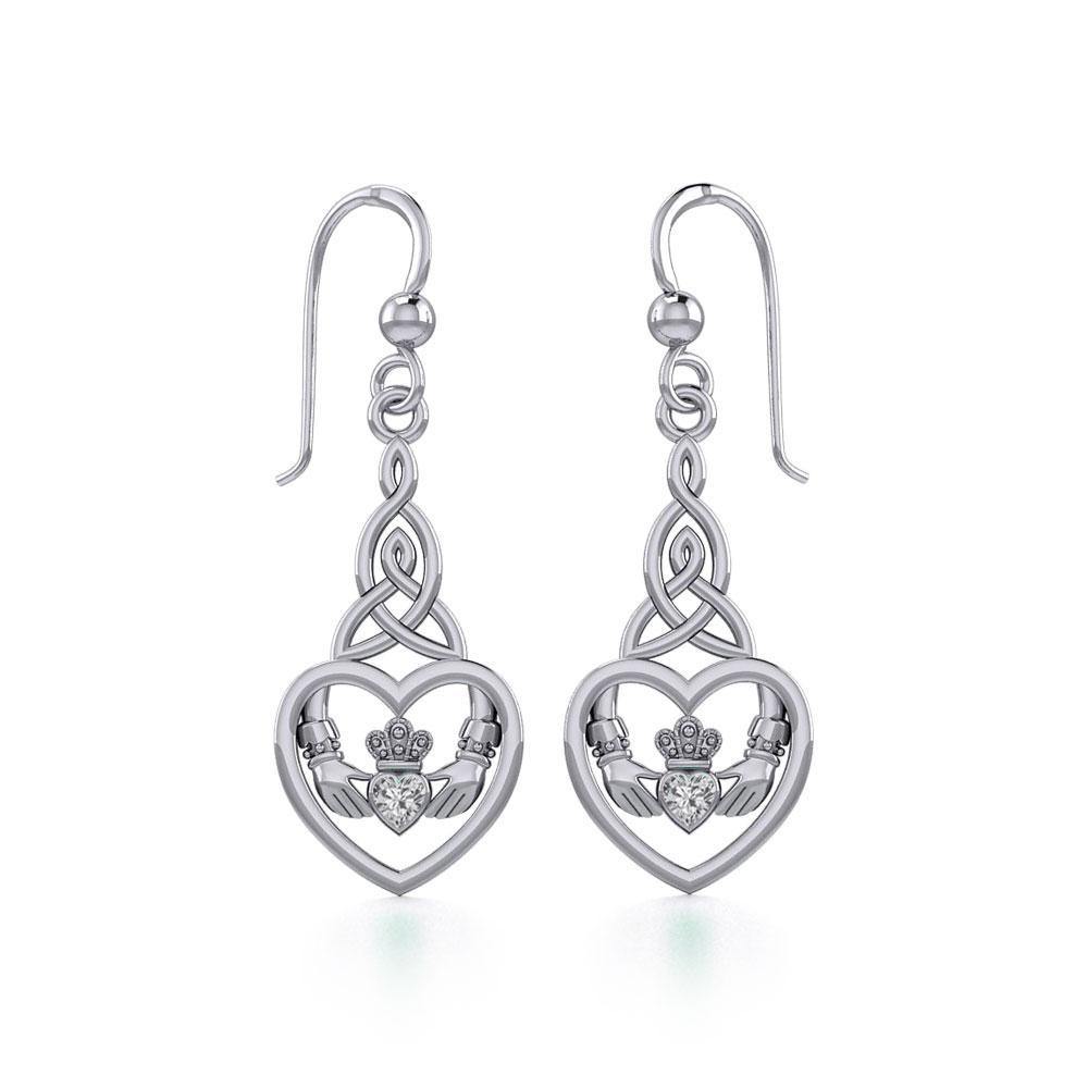 Heart Claddagh with Celtic Trinity Knot Silver Earrings with Gemstone TER1882 Earring
