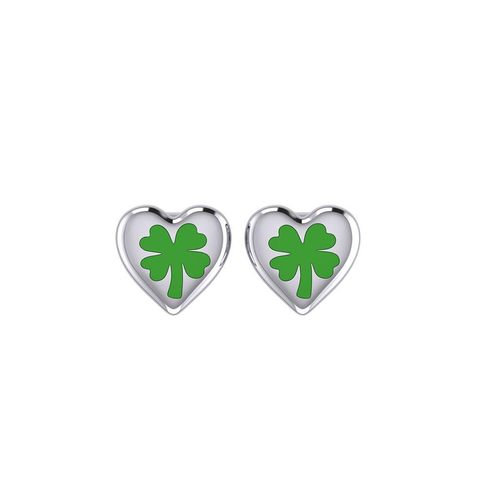 Lucky Heart Four Leaf Clover Silver Post Earrings with Enamel TER1888 Post Earrings