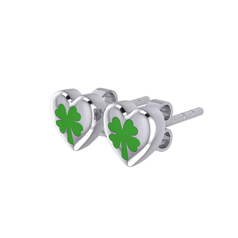 Lucky Heart Four Leaf Clover Silver Post Earrings with Enamel TER1888 Post Earrings