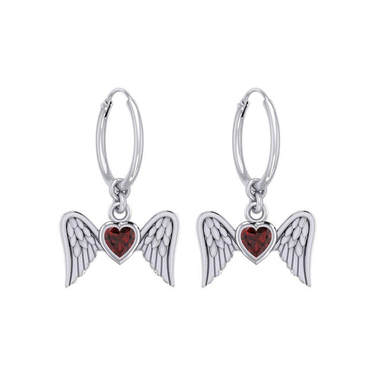 Gemstone Heart and Flying Angel Wings Silver Hoop Earrings TER2103 - peterstone.dropshipping