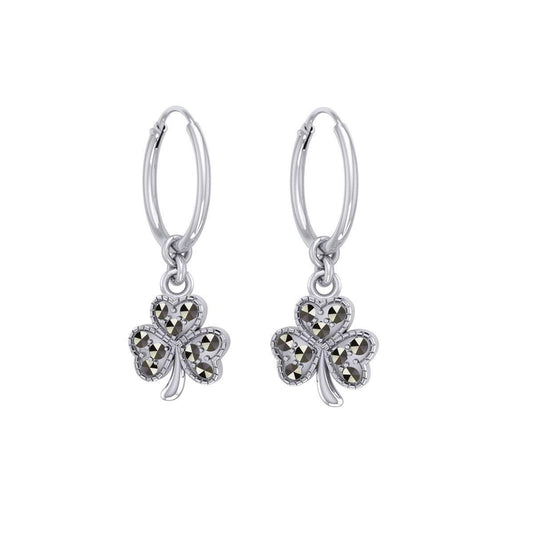 Celtic Shamrock Silver Hoop Earrings with Marcasite TER2108 - peterstone.dropshipping