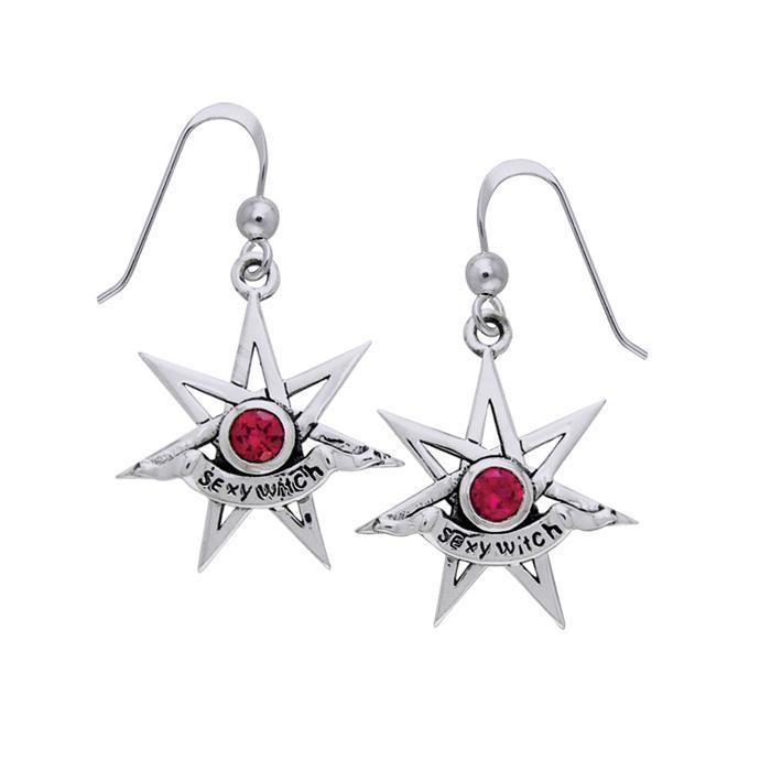 Sexy Witch Seven Pointed Star with Gemstone Silver Earrings TER925