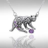 A Fanciful Feline ~ Celtic Knotwork Cat Sterling Silver Necklace with Gemstones TNC042 Necklace