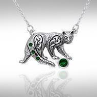 A Fanciful Feline ~ Celtic Knotwork Cat Sterling Silver Necklace with Gemstones TNC042 Necklace
