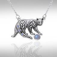 A Fanciful Feline ~ Celtic Knotwork Cat Sterling Silver Necklace with Gemstones TNC042 Necklace