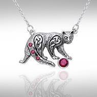 A Fanciful Feline ~ Celtic Knotwork Cat Sterling Silver Necklace with Gemstones TNC042 Necklace