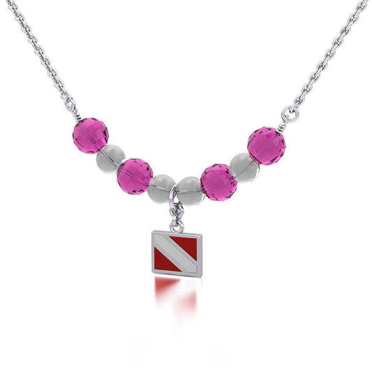 Silver Dive Flag with Red and White Enamel Bead Necklace TNC465 Necklace