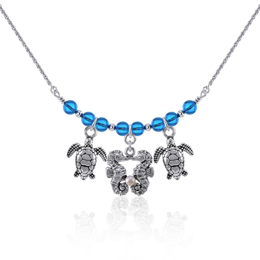 Double Seahorse and Turtles Silver Bead Necklace TNC467 Necklace