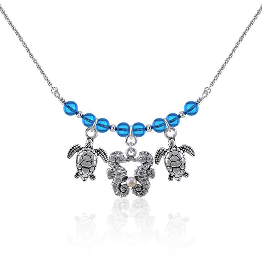 Double Seahorse and Turtles Silver Bead Necklace TNC467 Necklace