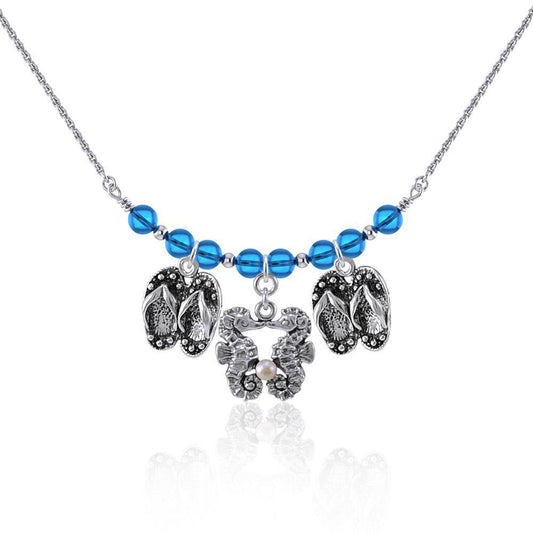 Double Seahorse and Beach Flip Flops Silver Bead Necklace TNC468 Necklace